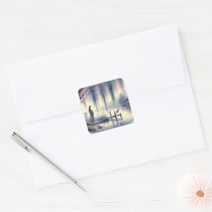 Serene Fantasy Lake with Willow and Heron Square Sticker