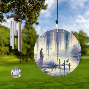 Serene Fantasy Lake with Willow and Heron Wind Chime