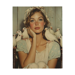 Serene Farm Maiden White Doves – Symbol of Peace Wood Wall Art