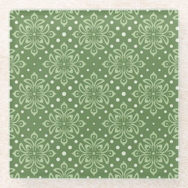 Serene Floral Pattern on Green Background Glass Coaster (Front)