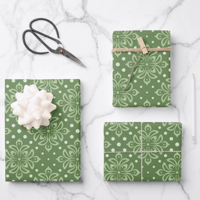 Serene Floral Pattern on Green Background Wrapping Paper Sheets (Front)