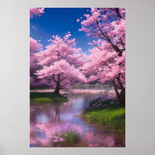Serene Flow amidst Cherry Blossoms Poster