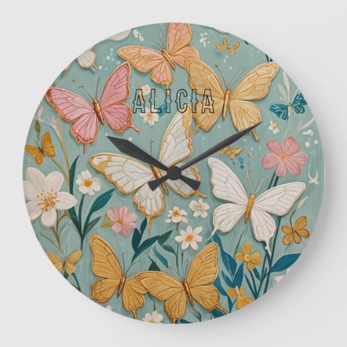 Serene Flutter Pastel Butterflies  Flowers Large Clock