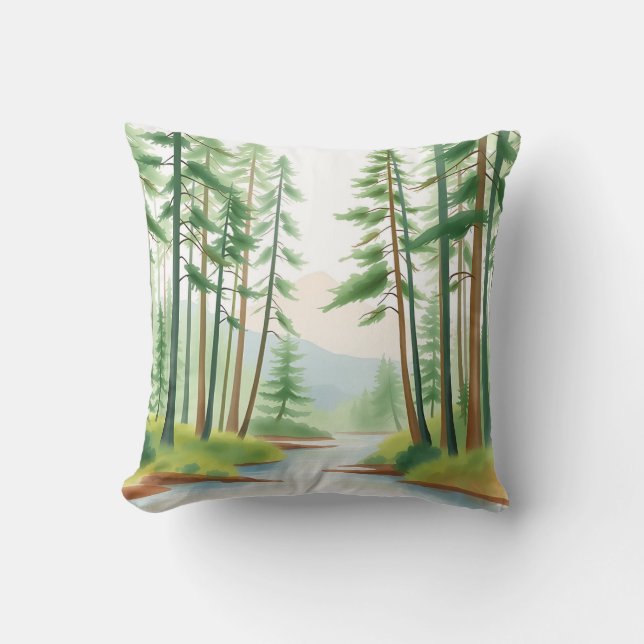 Serene Forest Landscape in Watercolor  Throw Pillow (Front)
