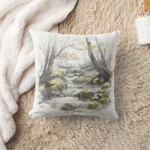Serene Forest Stream Art Throw Pillow