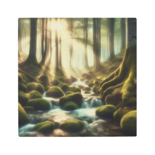 Serene Forest Stream in Soft Light – Metal Art