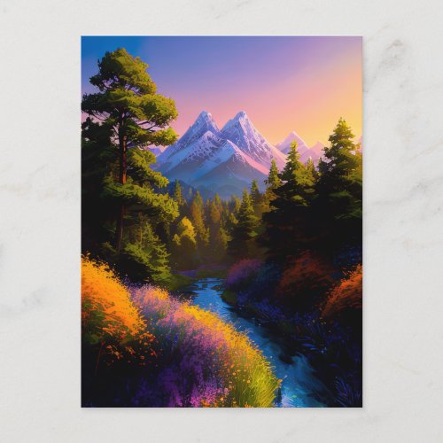 Serene Forest with Stream and Mountain Majesty Postcard