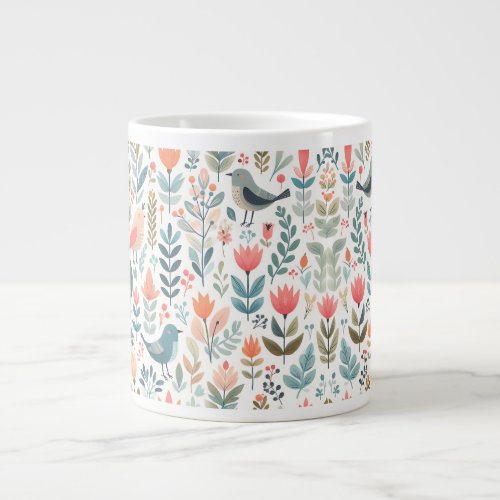 Serene Garden _ Floral  Bird Pattern Mug Giant Coffee Mug