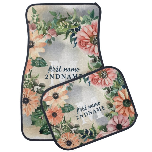 Serene Garden Wreath: Pastel Floral Elegance Car Floor Mat (Set)