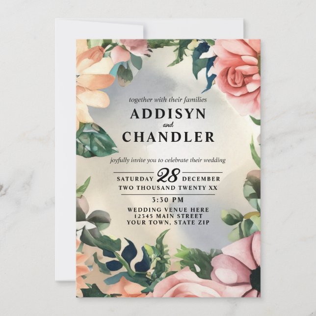 Serene Garden Wreath: Pastel Floral Elegance Invitation (Front)