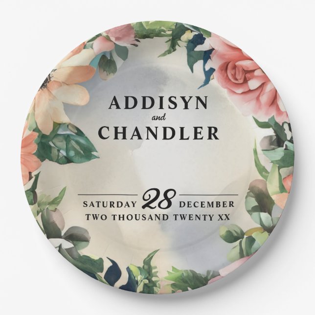 Serene Garden Wreath: Pastel Floral Elegance Paper Plates (Front)