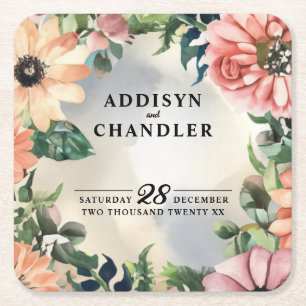 Serene Garden Wreath: Pastel Floral Elegance Square Paper Coaster