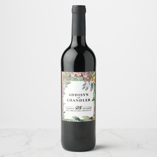 Serene Garden Wreath: Pastel Floral Elegance Wine Label (Front)