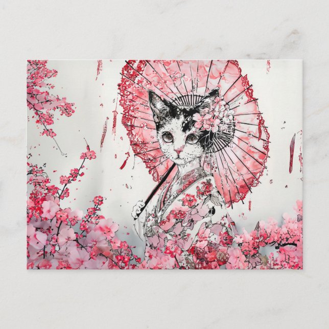Serene Geisha Cat with Red Parasol Cherry Blossom Postcard (Front)