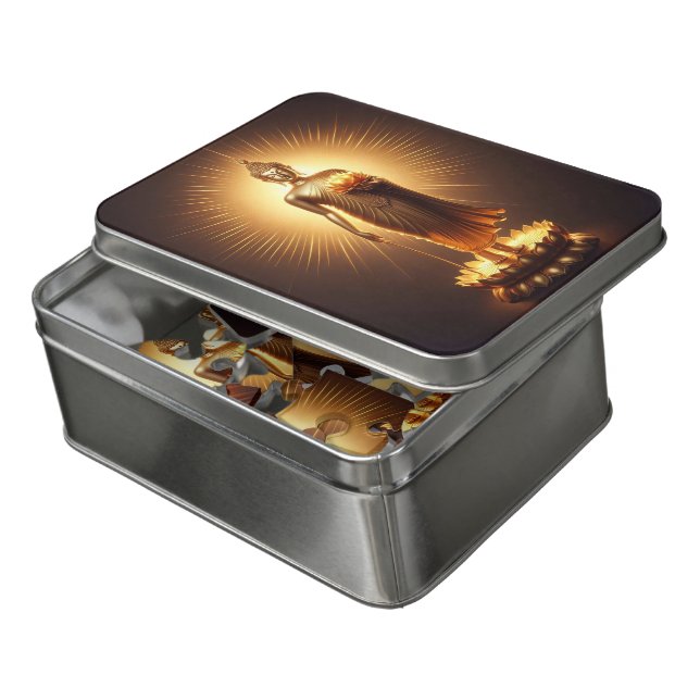 Serene Golden Buddha in calm light Jigsaw Puzzle (Lid Open)