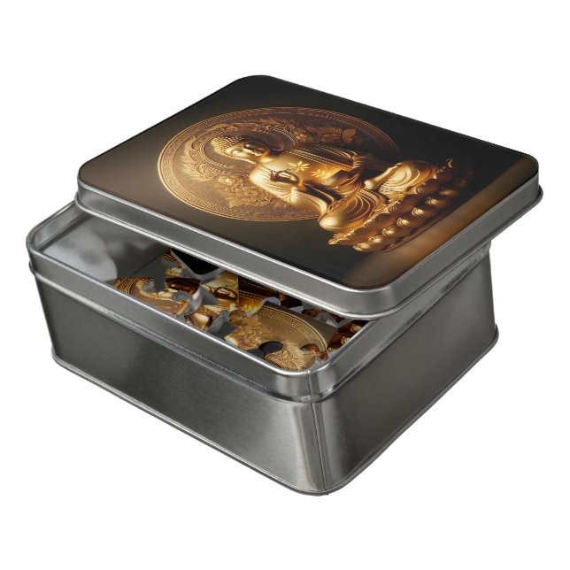 Serene golden Buddha statue in meditative pose Jigsaw Puzzle (Lid Open)