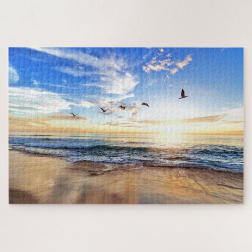 Serene Golden Ocean Sunrise Birds Puzzle