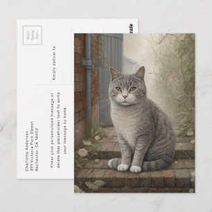 Serene Gray Cat Relaxing In The Backyard Postcard
