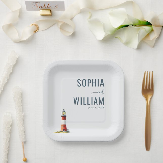 Serene Gray Lighthouse Illustration Paper Plates (Wedding)
