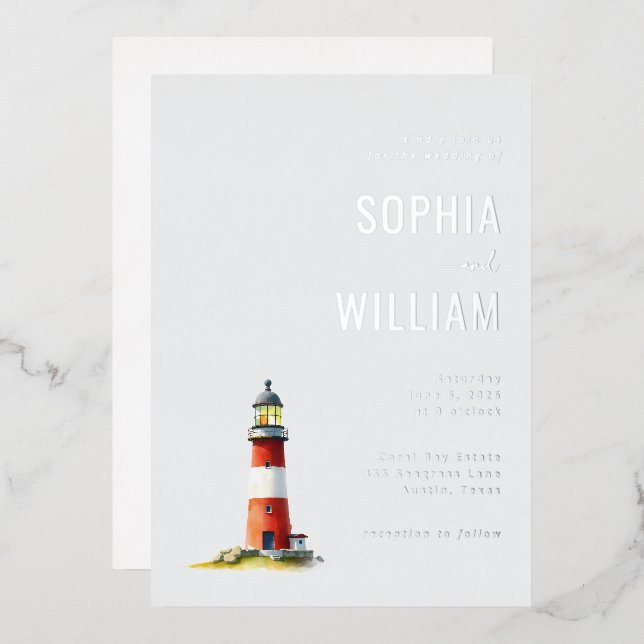 Serene Gray Lighthouse Nautical Foil Invitation (Front/Back)
