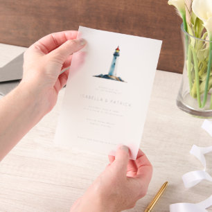Serene Gray Watercolor Lighthouse Vellum Invitations