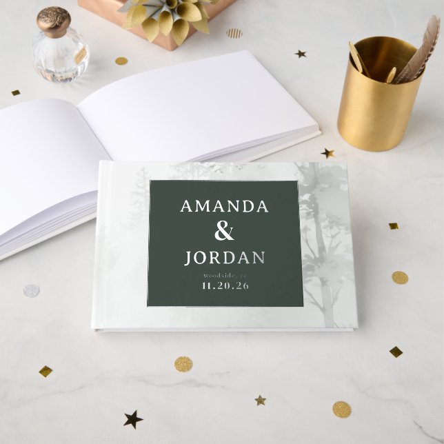 Serene Green Botanical Foil Guest Book (Front Open)