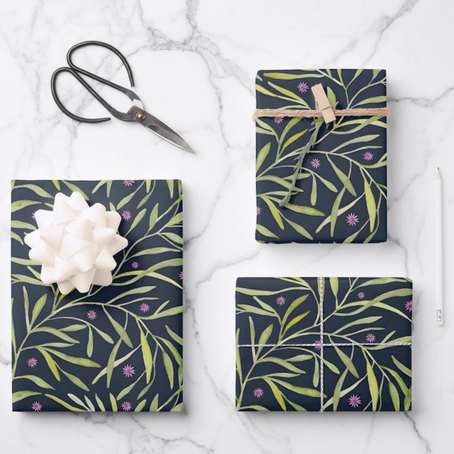 Serene Green Leafy Vines with Pink Flowers Wrapping Paper Sheets (Front)