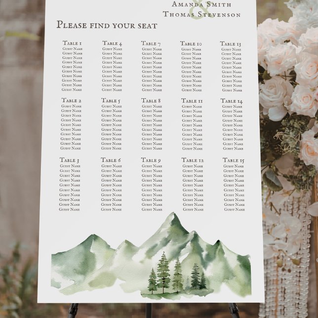 Serene green mountain 15 table seating chart foam board (Creator Uploaded)