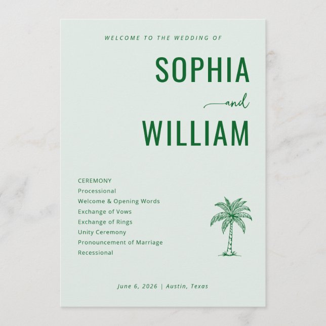 Serene Green Palm Tree Wedding Ceremony Program (Front)