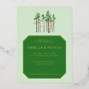 Serene Green Pine Tree Wedding Invitation Foil Invitation