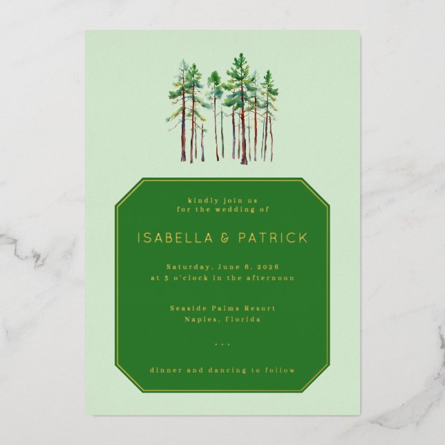 Serene Green Pine Tree Wedding Invitation Foil Invitation (Front)