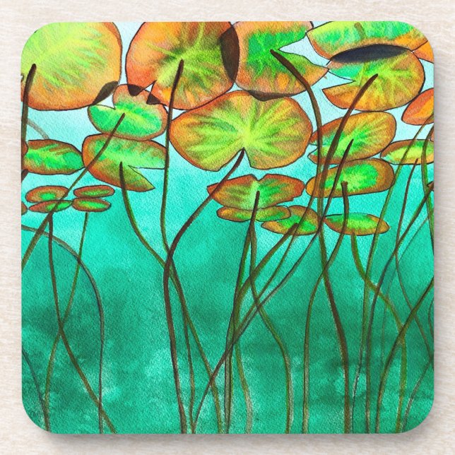 serene green pond with lilypads beverage coaster (Front)