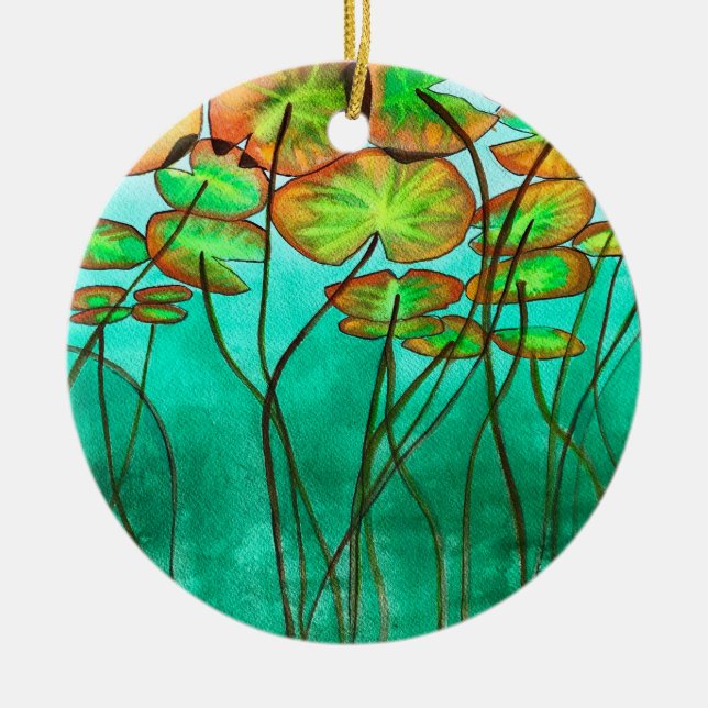 serene green pond with lilypads ceramic ornament (Front)