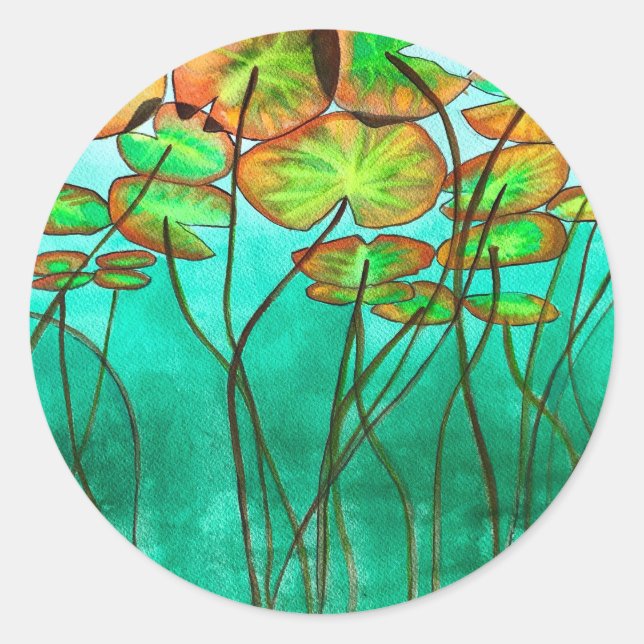 serene green pond with lilypads classic round sticker (Front)