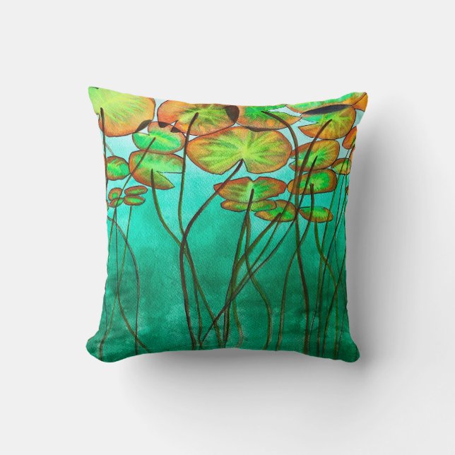 serene green pond with lilypads throw pillow (Front)