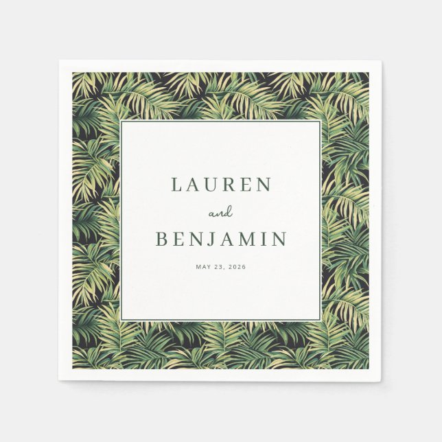 Serene Green Tropical Leaf Border Napkins (Front)