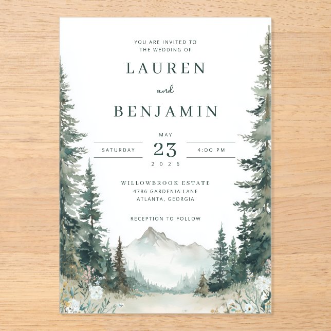 Serene Green Watercolor Forest Scene Acrylic Invitations (Front)