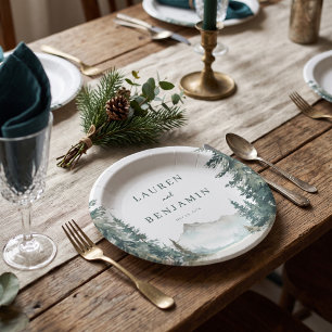 Serene Green Watercolor Mountain Landscape Paper Plates