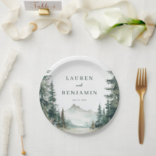 Serene Green Watercolor Mountain Landscape Paper Plates