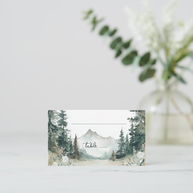 Serene Green Watercolor Mountain Landscape Place Card (Standing Front)