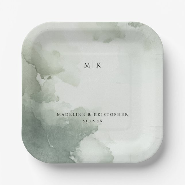 Serene Green Watercolor Paper Plates (Front)