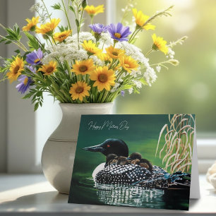 Serene Green Wildlife Loon Chicks Mother’s Day Card