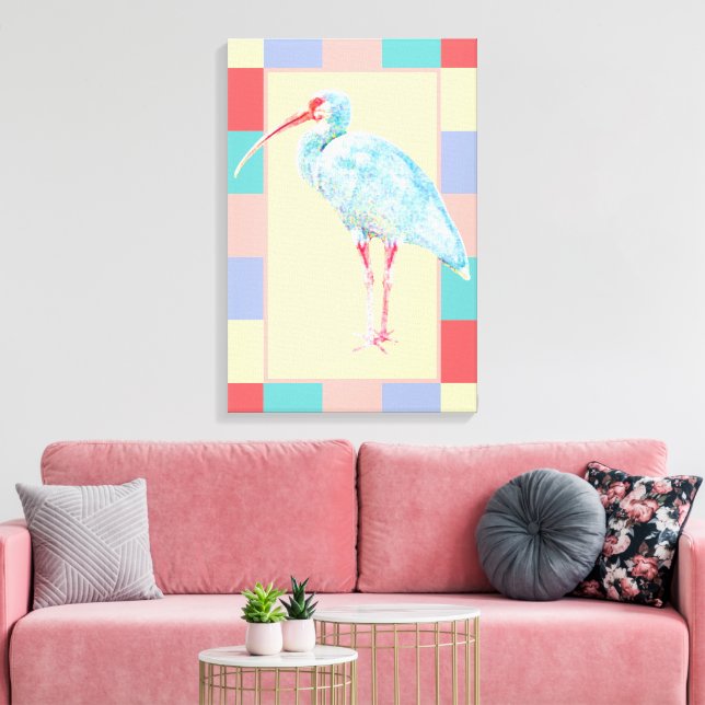 Serene Ibis Bird Coastal Pastel Checkered Design Canvas Print (Insitu(LivingRoom))