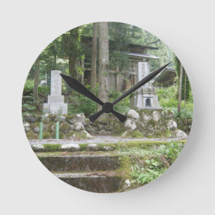 Serene Japanese Forest Shrine and Stone Memorial Round Clock
