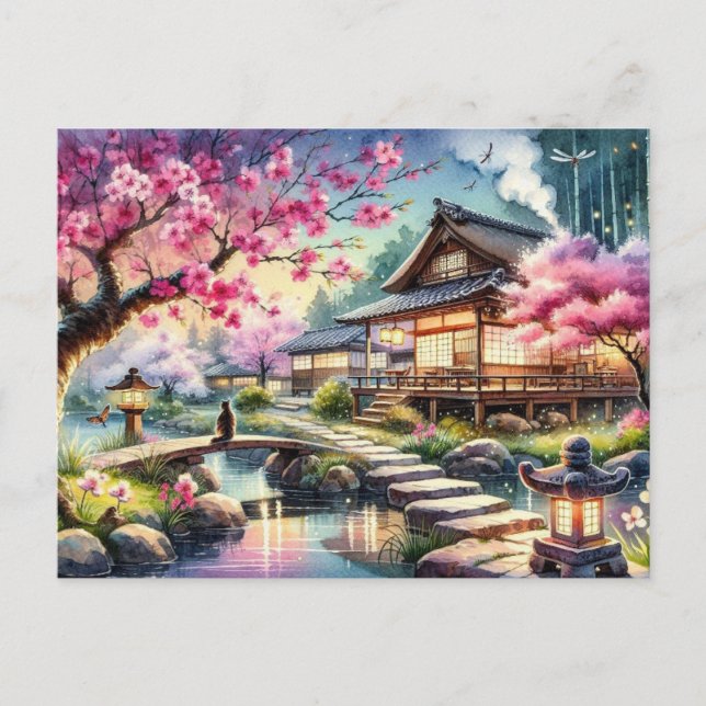 Serene Japanese Garden at Twilight Painting Postcard (Front)