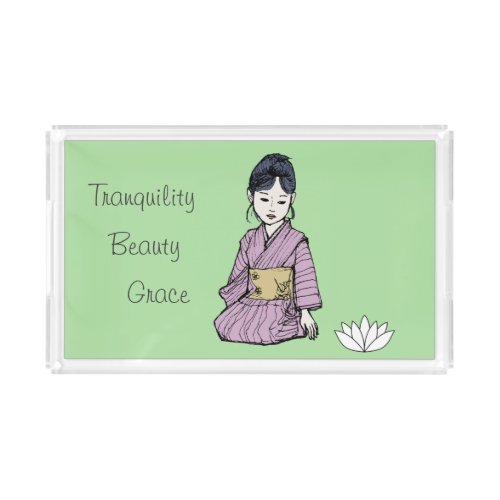 Serene Japanese Girl Pink Kimono White Lotus Green Acrylic Tray