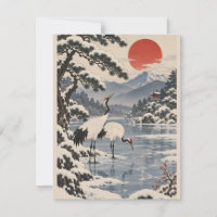 Serene Japanese Ink Wash Cranes in a Snowy Frozen