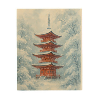 Serene Japanese Pagoda in Winter Snow Wood Wall Art