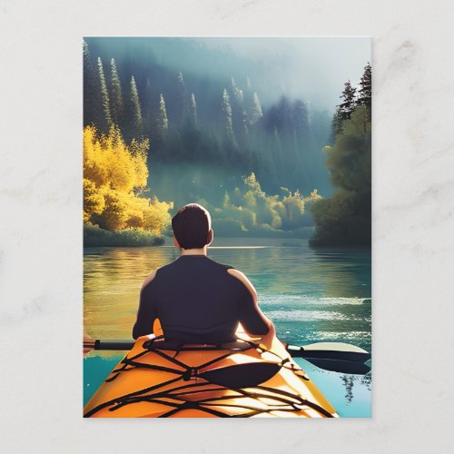 Serene Kayaking Scene  Man in Kayak in Mountains Postcard