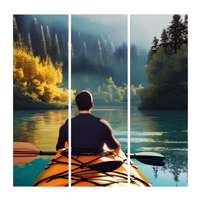 Serene Kayaking Scene | Man in Kayak in Mountains Triptych (Front)
